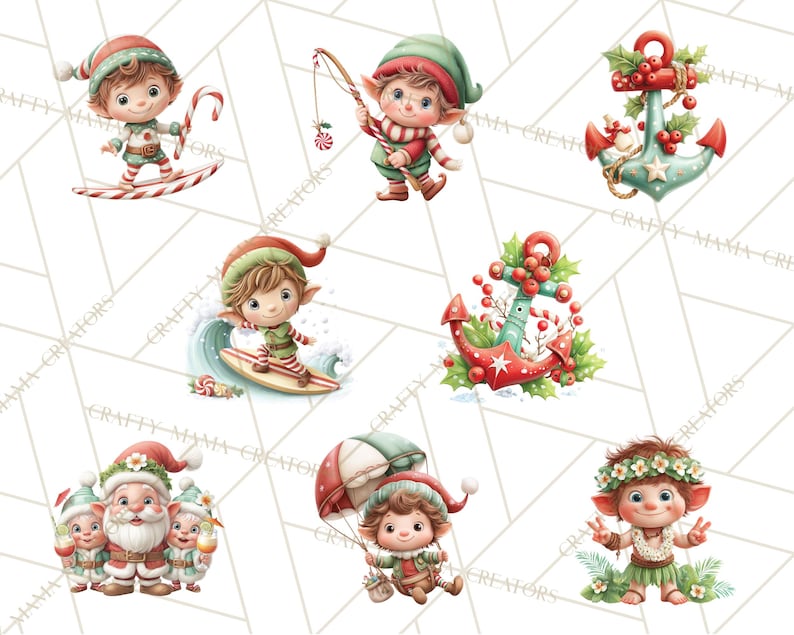 May include: Watercolor illustrations of Christmas elves in various poses. One elf surfs on a candy cane surfboard, another fishes with a candy cane lure, and others are shown with anchors and tropical themes. The images have a whimsical, festive feel.