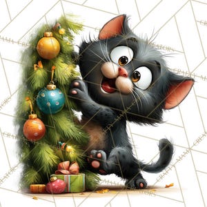 May include: A cartoon illustration of a black cat with wide eyes and an open mouth, appearing surprised. The cat is next to a small Christmas tree decorated with ornaments and wrapped gifts. The background has a geometric pattern.