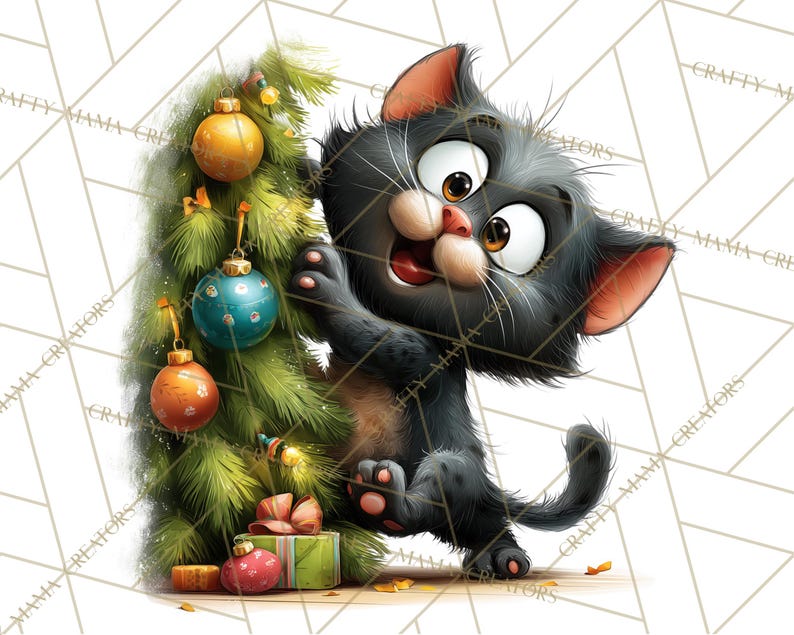 May include: A cartoon illustration of a black cat with wide eyes and an open mouth, appearing surprised. The cat is next to a small Christmas tree decorated with ornaments and wrapped gifts. The background has a geometric pattern.