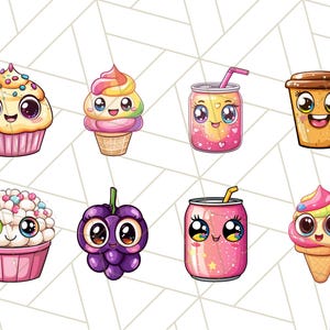 Puede incluir: Un conjunto de ocho personajes de comida y bebida de dibujos animados con caras lindas. Los personajes incluyen un cupcake, un cono de helado, un vaso de jugo, una taza de caf&eacute;, palomitas de ma&iacute;z, una uva, una lata de soda y otro cono de helado.