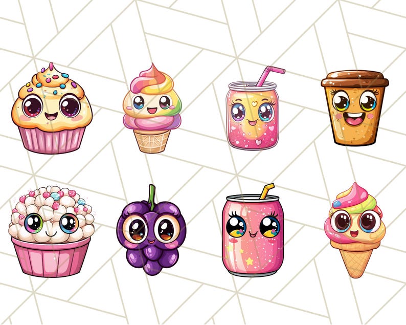 Puede incluir: Un conjunto de ocho personajes de comida y bebida de dibujos animados con caras lindas. Los personajes incluyen un cupcake, un cono de helado, un vaso de jugo, una taza de caf&eacute;, palomitas de ma&iacute;z, una uva, una lata de soda y otro cono de helado.