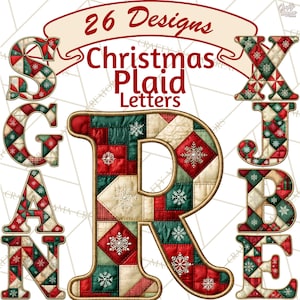 May include: A digital graphic featuring 26 letters with a Christmas plaid pattern in red, green, and cream, accented with white snowflake motifs. The text 26 Designs Christmas Plaid Letters is displayed on a banner at the top of the image.