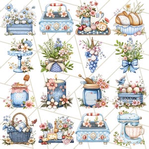 Blå Cottagecore kök Clipart, blommig kök PNG, vintage köksredskap, rustika rätter, lantliga matlagningselement, mysig köksinredning bild 3