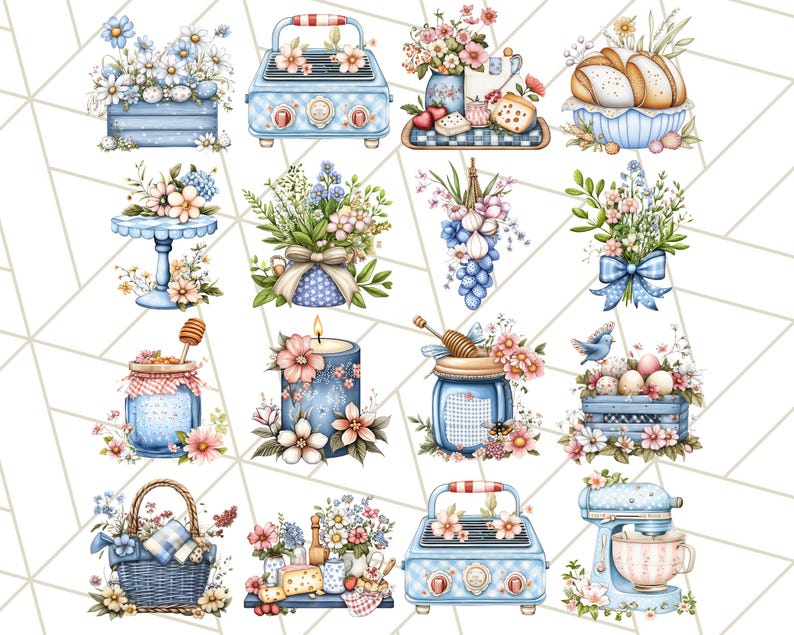 Blå Cottagecore kök Clipart, blommig kök PNG, vintage köksredskap, rustika rätter, lantliga matlagningselement, mysig köksinredning bild 3