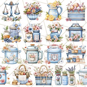 Blå Cottagecore kök Clipart, blommig kök PNG, vintage köksredskap, rustika rätter, lantliga matlagningselement, mysig köksinredning bild 8