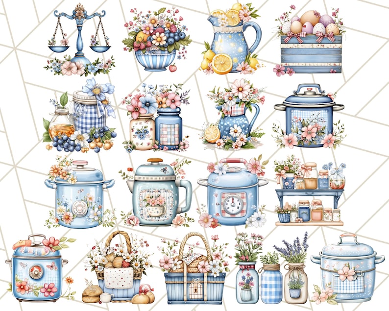Blå Cottagecore kök Clipart, blommig kök PNG, vintage köksredskap, rustika rätter, lantliga matlagningselement, mysig köksinredning bild 8