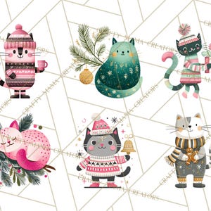 Op de afbeelding: Een verzameling aquarel illustraties met feestelijke katten. Elke kat is afgebeeld in een winteroutfit, zoals een muts en trui, en houdt seizoensgebonden items vast zoals een mok, bel of cadeau. De katten zijn in verschillende kleuren, waaronder roze, groen en grijs.