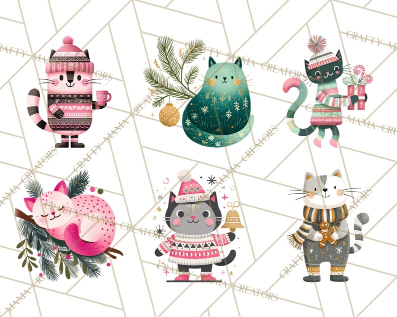 Op de afbeelding: Een verzameling aquarel illustraties met feestelijke katten. Elke kat is afgebeeld in een winteroutfit, zoals een muts en trui, en houdt seizoensgebonden items vast zoals een mok, bel of cadeau. De katten zijn in verschillende kleuren, waaronder roze, groen en grijs.