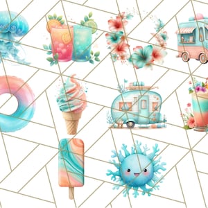 May include: A set of 10 summer-themed digital clipart images. The images include a blue jellyfish, two glasses of pink and blue lemonade, a wreath of pink and blue flowers, a blue ice cream truck, a pink and blue inflatable ring, a pink and blue ice cream cone, a blue camper van, a pink and blue milkshake, a pink and blue popsicle, and a blue cartoon jellyfish.