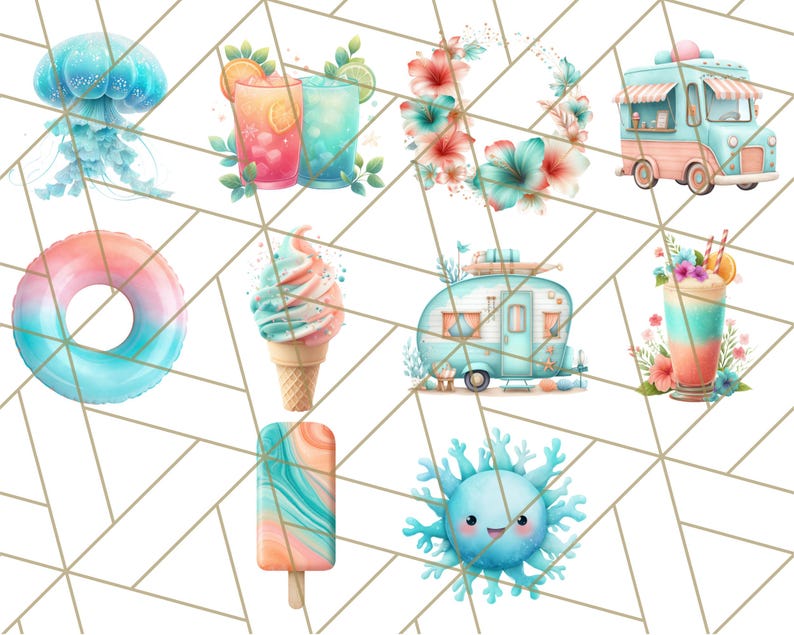 May include: A set of 10 summer-themed digital clipart images. The images include a blue jellyfish, two glasses of pink and blue lemonade, a wreath of pink and blue flowers, a blue ice cream truck, a pink and blue inflatable ring, a pink and blue ice cream cone, a blue camper van, a pink and blue milkshake, a pink and blue popsicle, and a blue cartoon jellyfish.