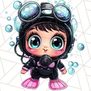 Pu&ograve; includere: Un'illustrazione di un cartone animato di una ragazza che indossa una muta da sub nera con pinne rosa. Ha grandi occhi blu e indossa una maschera da sub nera con una visiera trasparente. Ci sono bolle blu intorno a lei.