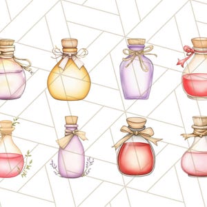 Puede incluir: Ocho botellas de vidrio con tapones de corcho y l&iacute;quidos de varios colores. Cada botella tiene un lazo decorativo y una cuerda alrededor del cuello. Las botellas est&aacute;n dispuestas en dos filas de cuatro.
