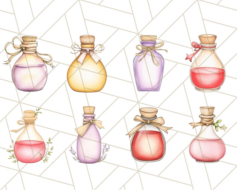 Puede incluir: Ocho botellas de vidrio con tapones de corcho y l&iacute;quidos de varios colores. Cada botella tiene un lazo decorativo y una cuerda alrededor del cuello. Las botellas est&aacute;n dispuestas en dos filas de cuatro.