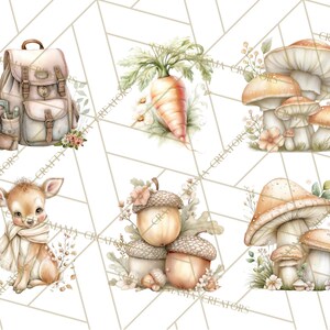 Puede incluir: Ilustraciones en acuarela con tem&aacute;tica de bosque. La imagen presenta una mochila, una zanahoria, setas, un cervatillo y bellotas. Las ilustraciones utilizan colores suaves y acentos florales, creando un tema caprichoso e inspirado en la naturaleza.