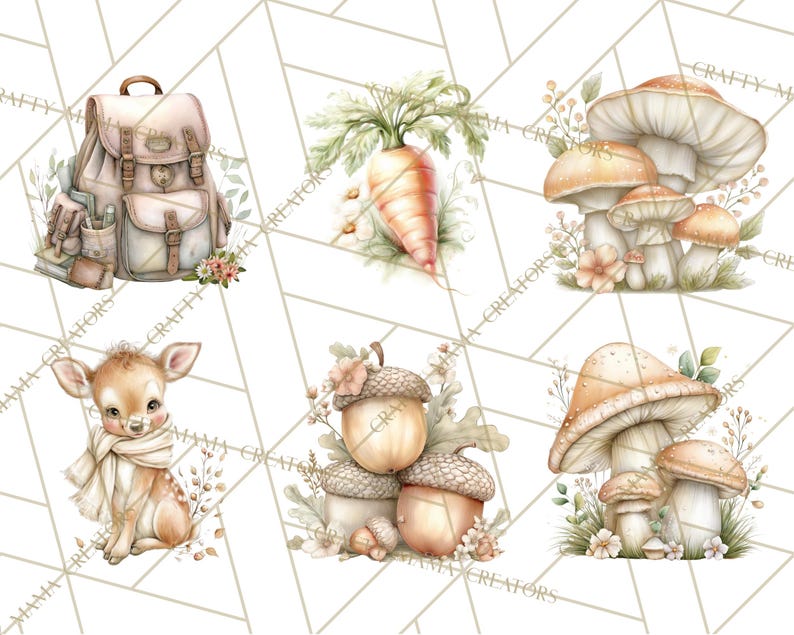 Puede incluir: Ilustraciones en acuarela con tem&aacute;tica de bosque. La imagen presenta una mochila, una zanahoria, setas, un cervatillo y bellotas. Las ilustraciones utilizan colores suaves y acentos florales, creando un tema caprichoso e inspirado en la naturaleza.