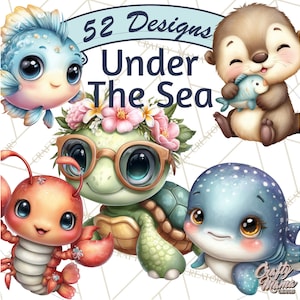 Puede incluir: Ilustración digital con adorables criaturas marinas: pez, nutria, tortuga, langosta y ballena. La imagen incluye el texto "52 Designs Under The Sea", ideal para manualidades y diseños infantiles.