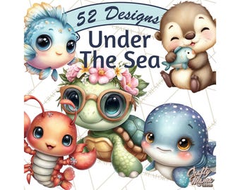 52 Png, Under the Sea Babies PNG, Cute Sea Animal Clipart, Watercolor Ocean Creatures, Baby Sea Life, Jellyfish Narwhal Dolphin Clip Art