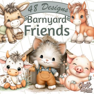 May include: A digital illustration featuring adorable cartoon barnyard animals. The image includes a donkey, horse, cow, cat, and pig. The text "48 Designs Barnyard Friends" is displayed at the top. The style is cute and whimsical.