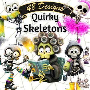 May include: A digital illustration featuring several quirky skeleton characters. One skeleton wears a scarf, another a tutu, and a third is reading. The image includes the text "48 Designs Quirky Skeletons."