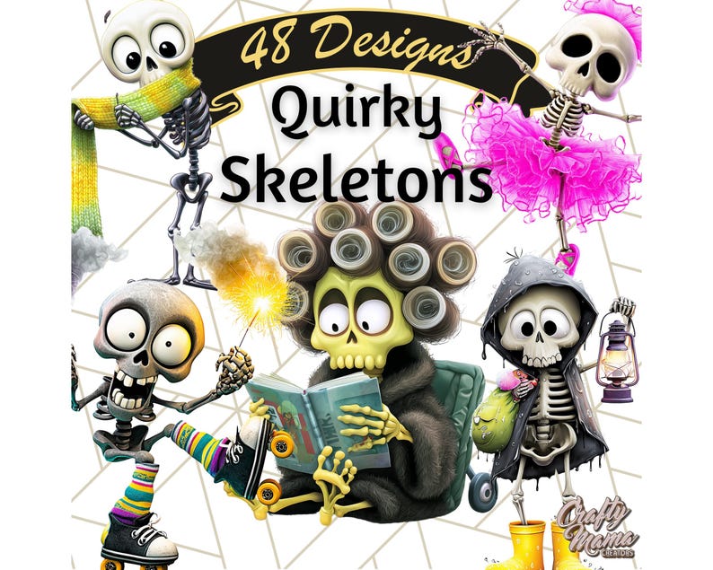 May include: A digital illustration featuring several quirky skeleton characters. One skeleton wears a scarf, another a tutu, and a third is reading. The image includes the text "48 Designs Quirky Skeletons."