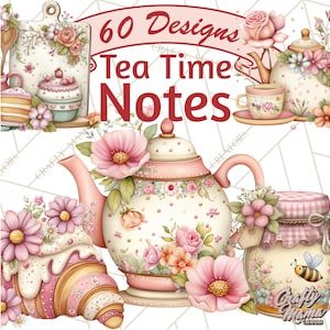 以下が含まれることがあります： ティーポット、ティーカップ、クロワッサン、蜂蜜の瓶が描かれたデジタルイラスト。すべて花柄で装飾されています。「60 Designs Tea Time Notes」のテキストは赤色。全体的な配色はソフトピンクと白です。