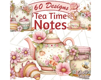 60 Png, Tea Time Notes Clipart, Cozy Teapot and Cup Clip Art PNG, Spring Pastries and Floral Graphics, Pastel Printable Kitchen Decor
