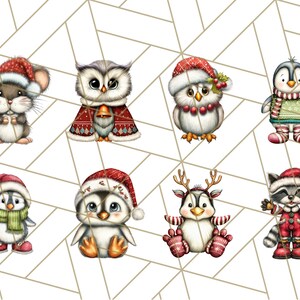 May include: A collection of eight Christmas-themed animal illustrations. The animals include a mouse, owl, penguin, raccoon, and deer, all wearing festive holiday attire such as Santa hats and scarves. The illustrations are set against a geometric background.