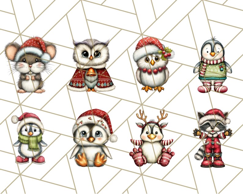 May include: A collection of eight Christmas-themed animal illustrations. The animals include a mouse, owl, penguin, raccoon, and deer, all wearing festive holiday attire such as Santa hats and scarves. The illustrations are set against a geometric background.