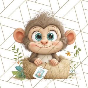 May include: A cartoon illustration of a smiling monkey with big blue eyes, sitting in a nest. The monkey has brown fur and pink cheeks. The nest is made of straw and has a tag attached. The background is white with a geometric pattern.