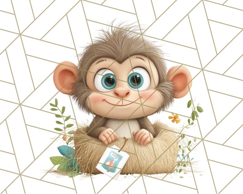 May include: A cartoon illustration of a smiling monkey with big blue eyes, sitting in a nest. The monkey has brown fur and pink cheeks. The nest is made of straw and has a tag attached. The background is white with a geometric pattern.