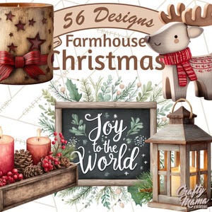May include: A collection of farmhouse Christmas designs. Includes a wooden candle holder with star cutouts and a red bow, a reindeer with a red scarf, a chalkboard sign with "Joy to the World", and a wooden lantern.