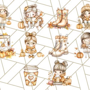 Pode incluir: Um conjunto de ilustra&ccedil;&otilde;es digitais com meninas fofas em cenas de outono. As meninas usam roupas quentes e seguram canecas de caf&eacute;, livros e ab&oacute;boras. As ilustra&ccedil;&otilde;es s&atilde;o perfeitas para artesanato com tema de outono, scrapbooking e projetos de design digital.