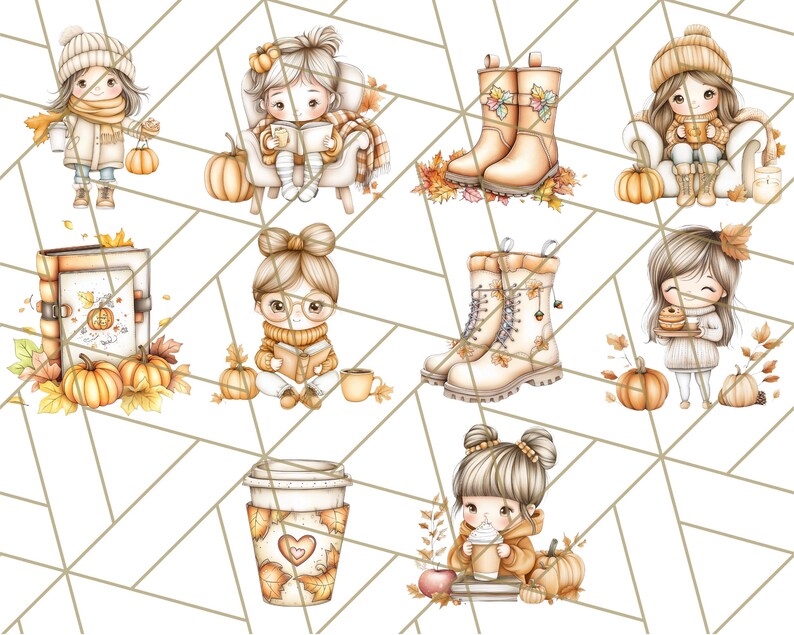 Pode incluir: Um conjunto de ilustra&ccedil;&otilde;es digitais com meninas fofas em cenas de outono. As meninas usam roupas quentes e seguram canecas de caf&eacute;, livros e ab&oacute;boras. As ilustra&ccedil;&otilde;es s&atilde;o perfeitas para artesanato com tema de outono, scrapbooking e projetos de design digital.