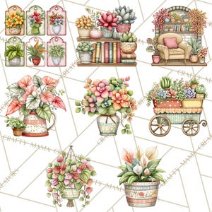 May include: Watercolor illustrations of various potted plants and floral arrangements. The image includes tags with potted flowers, succulents on a bookshelf, a cozy reading nook with plants, and a decorative wagon filled with plants.