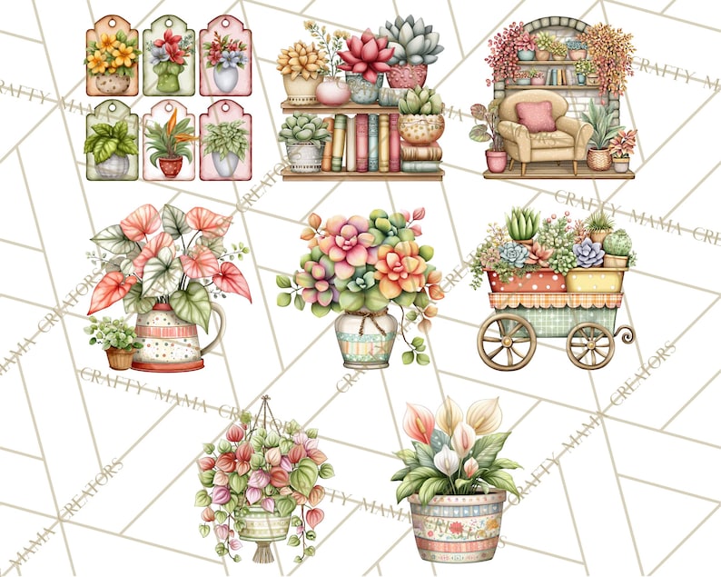 May include: Watercolor illustrations of various potted plants and floral arrangements. The image includes tags with potted flowers, succulents on a bookshelf, a cozy reading nook with plants, and a decorative wagon filled with plants.
