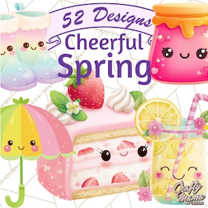 May include: A digital illustration featuring cheerful spring designs. The image includes a slice of strawberry cake, a glass of lemonade, a jar of honey, an umbrella, and rain boots, all with cute faces. Text reads "52 Designs Cheerful Spring."