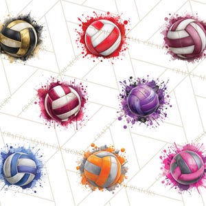 May include: Collection of watercolor volleyballs in various colors, including black and gold, red and white, and purple. Each ball is surrounded by a splash of matching paint, creating a dynamic and artistic effect. Ideal for sports-themed designs.