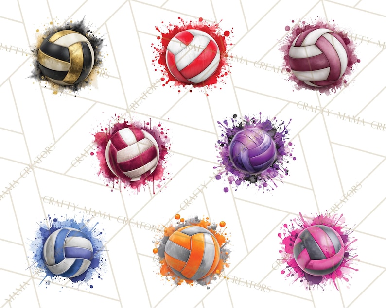 May include: Collection of watercolor volleyballs in various colors, including black and gold, red and white, and purple. Each ball is surrounded by a splash of matching paint, creating a dynamic and artistic effect. Ideal for sports-themed designs.