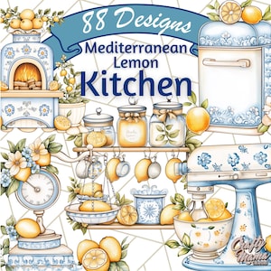 May include: A collection of 88 Mediterranean Lemon Kitchen designs featuring a blue and white color scheme. The designs include a vintage oven, jars, a kitchen scale, a stand mixer, and lemons.