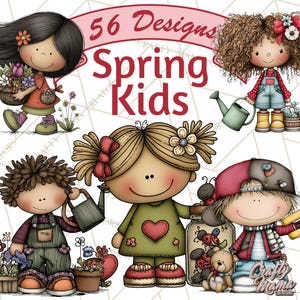 May include: A digital illustration featuring six cartoon children with gardening tools and flowers. The image includes the text "56 Designs Spring Kids" in red. The children are wearing overalls, dresses, and hats, and are holding watering cans and flower baskets.