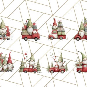 May include: Watercolor illustrations of Christmas gnomes in red trucks. The gnomes are wearing pointed hats and have long white beards. The trucks are carrying gifts and are decorated with Christmas trees and ornaments. The background has a gold geometric pattern.