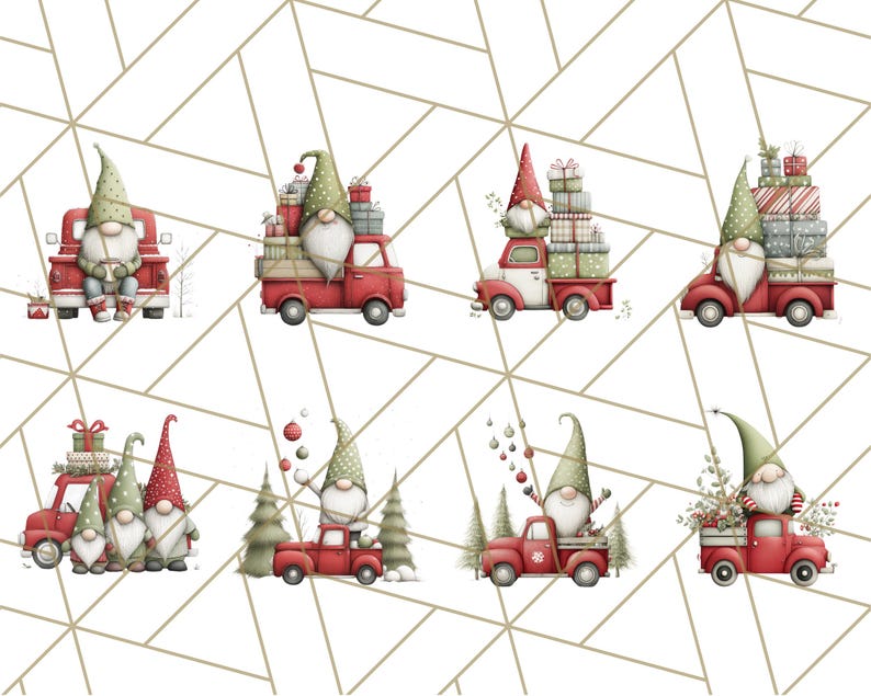 May include: Watercolor illustrations of Christmas gnomes in red trucks. The gnomes are wearing pointed hats and have long white beards. The trucks are carrying gifts and are decorated with Christmas trees and ornaments. The background has a gold geometric pattern.