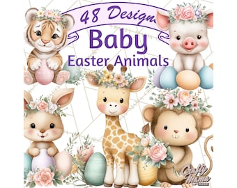 48 Png, Adorable Baby Animals Easter Clipart PNG, Pastel Chicks, Bunnies & Lambs, Nursery Spring Illustration