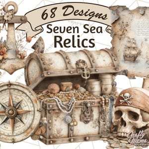 May include: An illustration featuring a treasure chest overflowing with gold coins, pearls, and seashells. A compass, anchor, and skull with a bandana are also present. The text reads "68 Designs Seven Sea Relics."