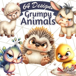 Adorable Angry Animals Clipart PNG, Cute Grumpy Animal Faces Clip Art, Moody Baby Animal Illustrations, Kawaii Animal PNG Images