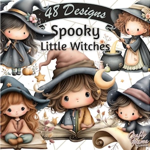 May include: A digital illustration featuring several adorable little witches in various poses. They wear pointed hats and cloaks, with some holding wands or potions. The text "48 Designs Spooky Little Witches" is displayed at the top, with the "Crafty Mama Creations" logo at the bottom.