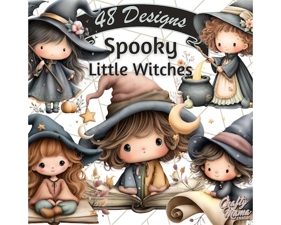 48 Png, Spooky Little Witches Clipart, Cute Halloween Witch PNGs, Magical Girls with Potions, Brooms, Black Cats, and Spell Books