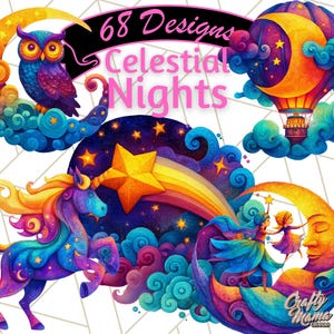 Whimsical Celestial Clipart, Fantasy Moon and Stars Art, Galaxy Illustration PNG, Constellation Clip Art, Magical Sky Graphics