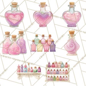 May include: Watercolor illustration of various potion bottles with cork stoppers. The bottles are filled with pink, purple, and yellow liquids and glitter. Some bottles are heart-shaped, and others are rectangular or round. The bottles are arranged on shelves.