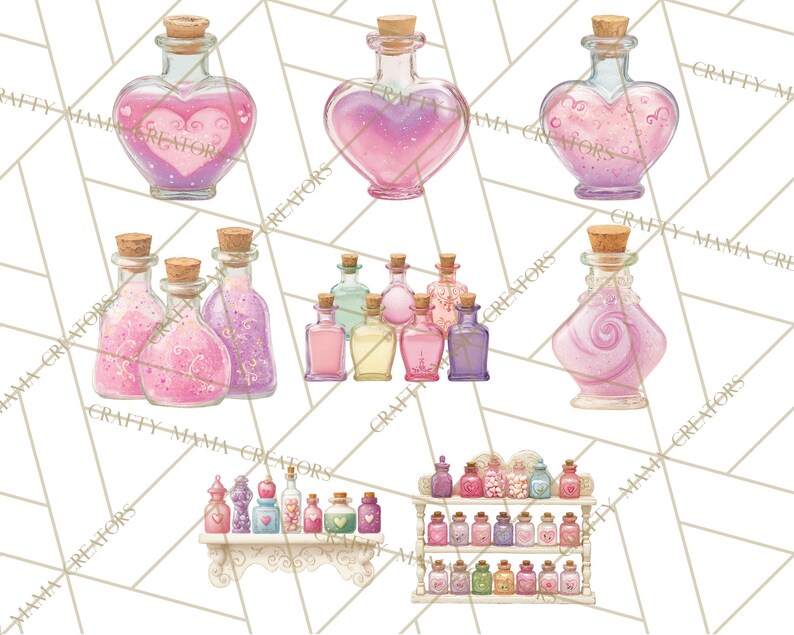 May include: Watercolor illustration of various potion bottles with cork stoppers. The bottles are filled with pink, purple, and yellow liquids and glitter. Some bottles are heart-shaped, and others are rectangular or round. The bottles are arranged on shelves.